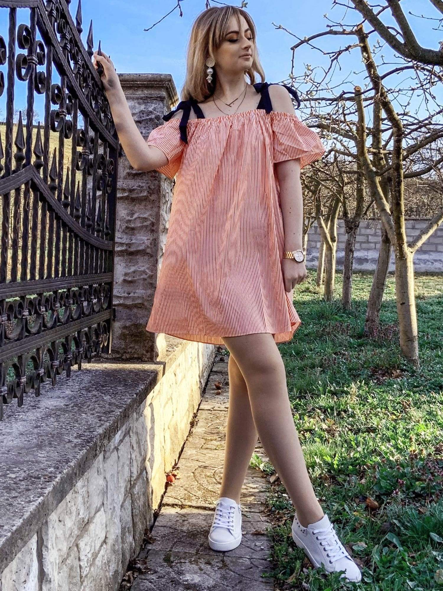 Color=Red and White | Alisa Pan Cold Shoulder Striped Summer Dress-Red And White 1 Color=Red and White | Alisa Pan Cold Shoulder Striped Summer Dress-Red And White 1