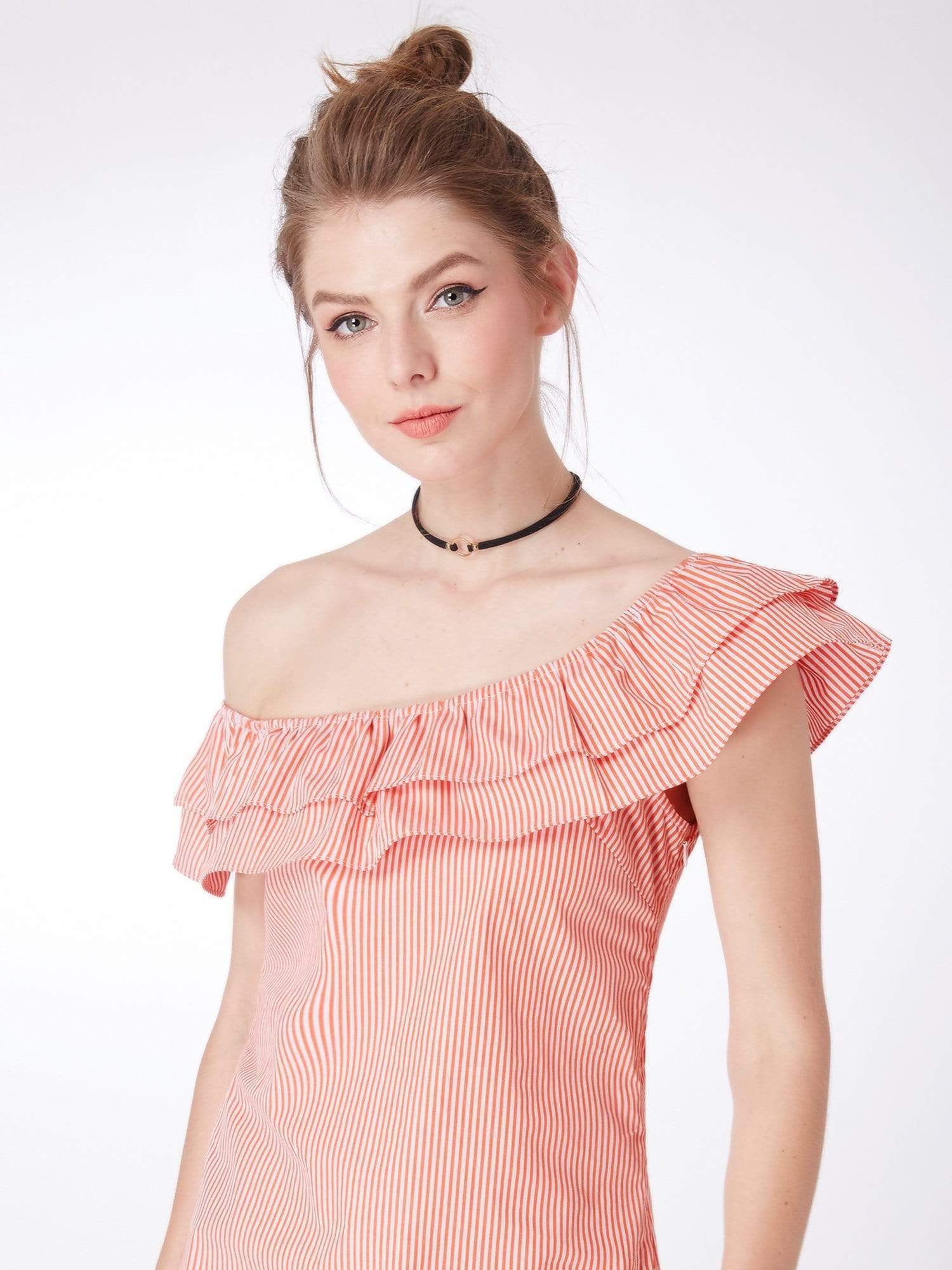 Color=Red and White | Alisa Pan One Shoulder Striped Casual Shift Dress-Red And White 5 Color=Red and White | Alisa Pan One Shoulder Striped Casual Shift Dress-Red And White 5