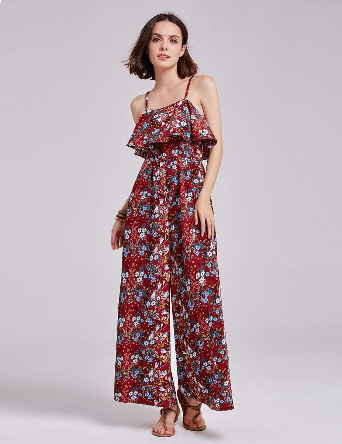 Color=Burgundy | Alisa Pan Retro Floral Print Jumpsuit-Burgundy 2 Color=Burgundy | Alisa Pan Retro Floral Print Jumpsuit-Burgundy 2