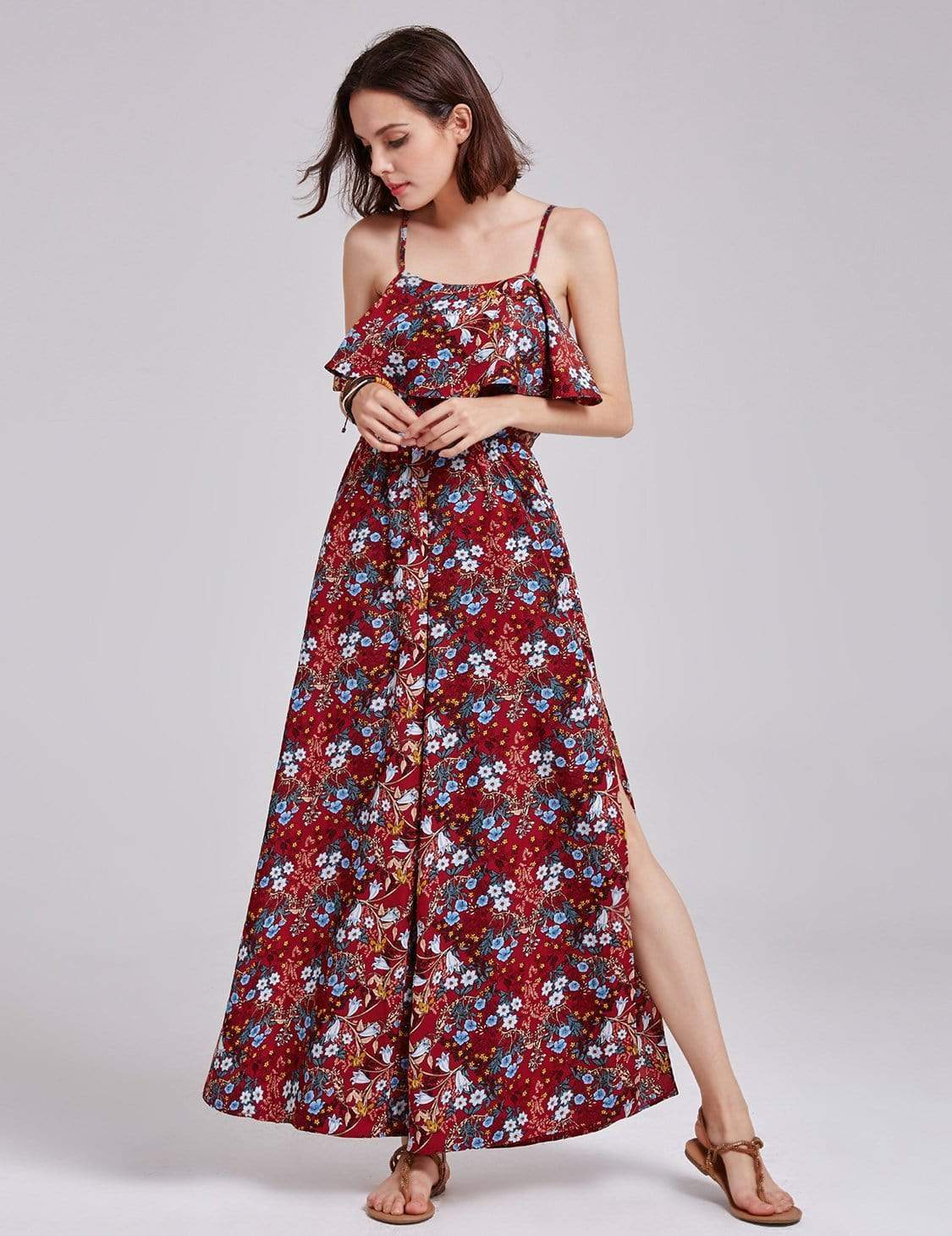 Color=Burgundy | Alisa Pan Retro Floral Print Jumpsuit-Burgundy 5 Color=Burgundy | Alisa Pan Retro Floral Print Jumpsuit-Burgundy 5