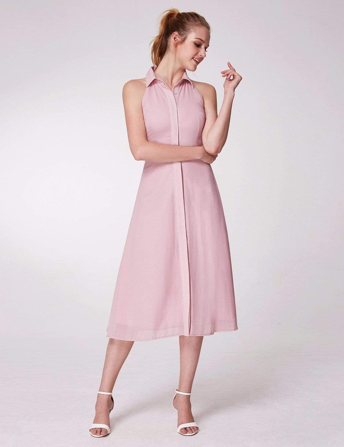 Color=Pink | Alisa Pan Button Up A Line Midi Dress-Pink 2