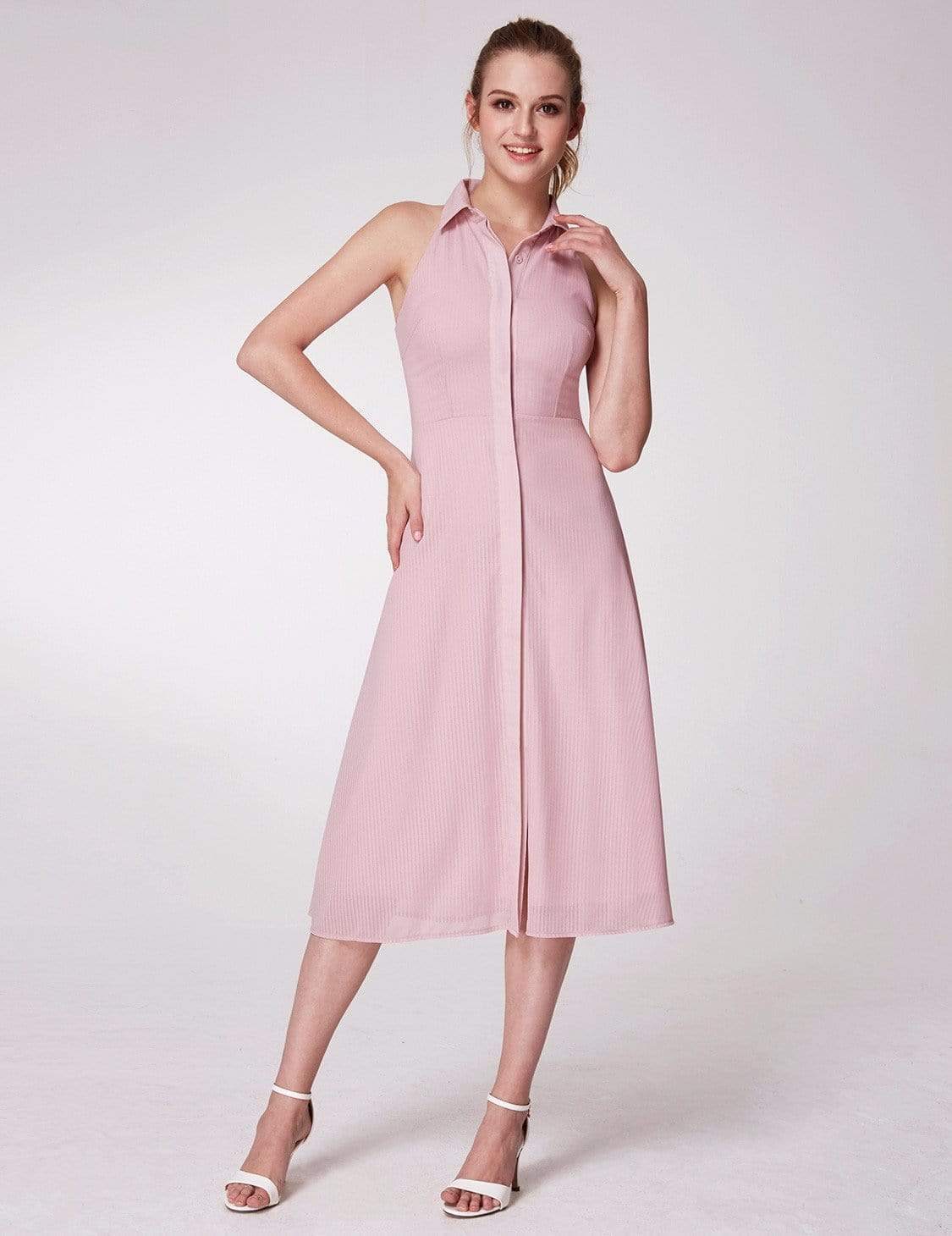 Color=Pink | Alisa Pan Button Up A Line Midi Dress-Pink 1