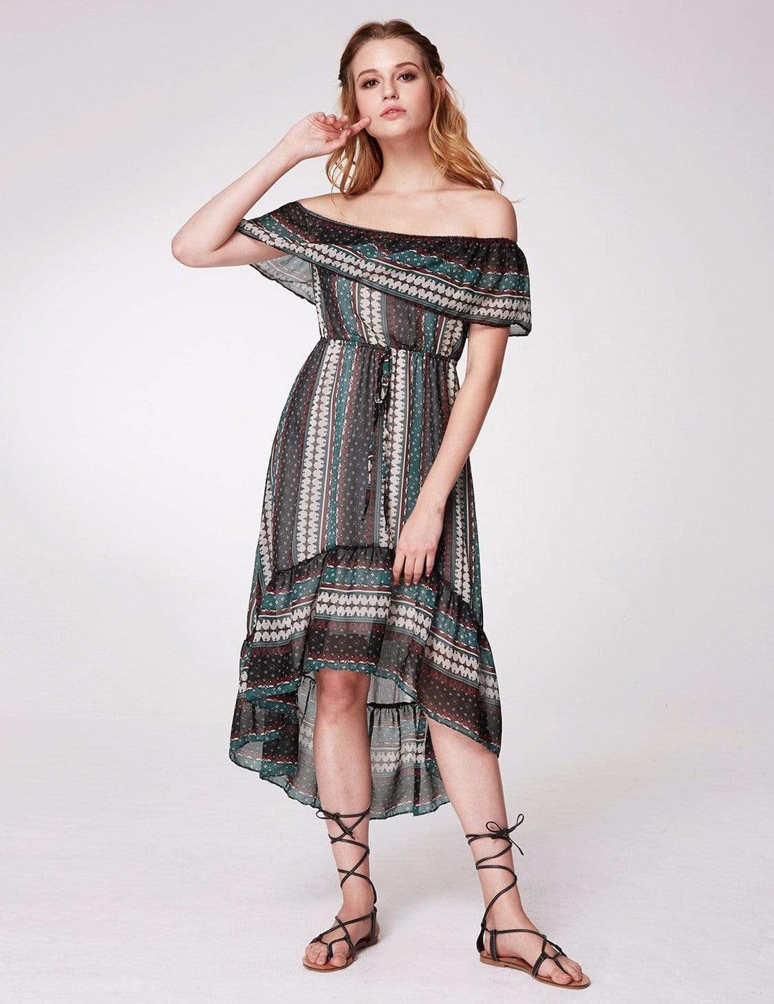 Color=Navy Blue | Alisa Pan Off Shoulder Printed Boho Dress-Navy Blue 1 Color=Navy Blue | Alisa Pan Off Shoulder Printed Boho Dress-Navy Blue 1