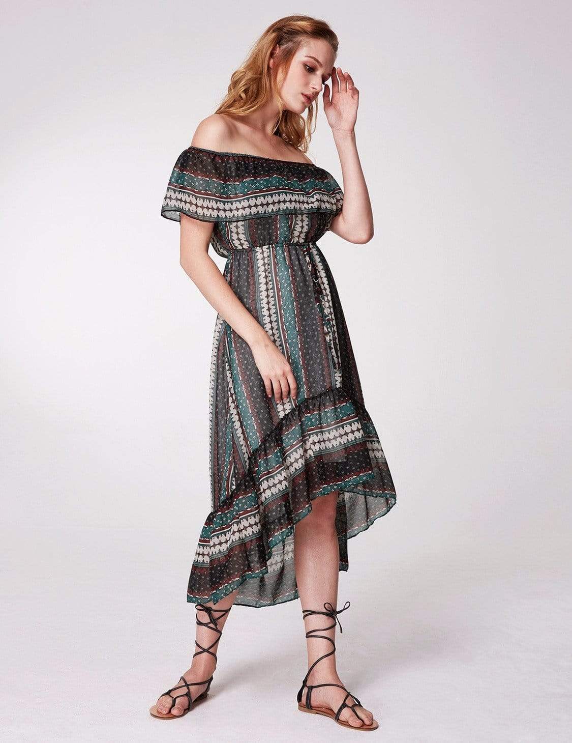 Color=Navy Blue | Alisa Pan Off Shoulder Printed Boho Dress-Navy Blue 3 Color=Navy Blue | Alisa Pan Off Shoulder Printed Boho Dress-Navy Blue 3