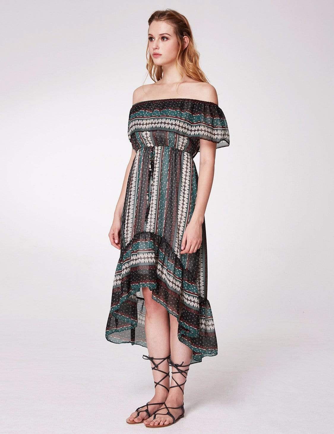 Color=Navy Blue | Alisa Pan Off Shoulder Printed Boho Dress-Navy Blue 4 Color=Navy Blue | Alisa Pan Off Shoulder Printed Boho Dress-Navy Blue 4