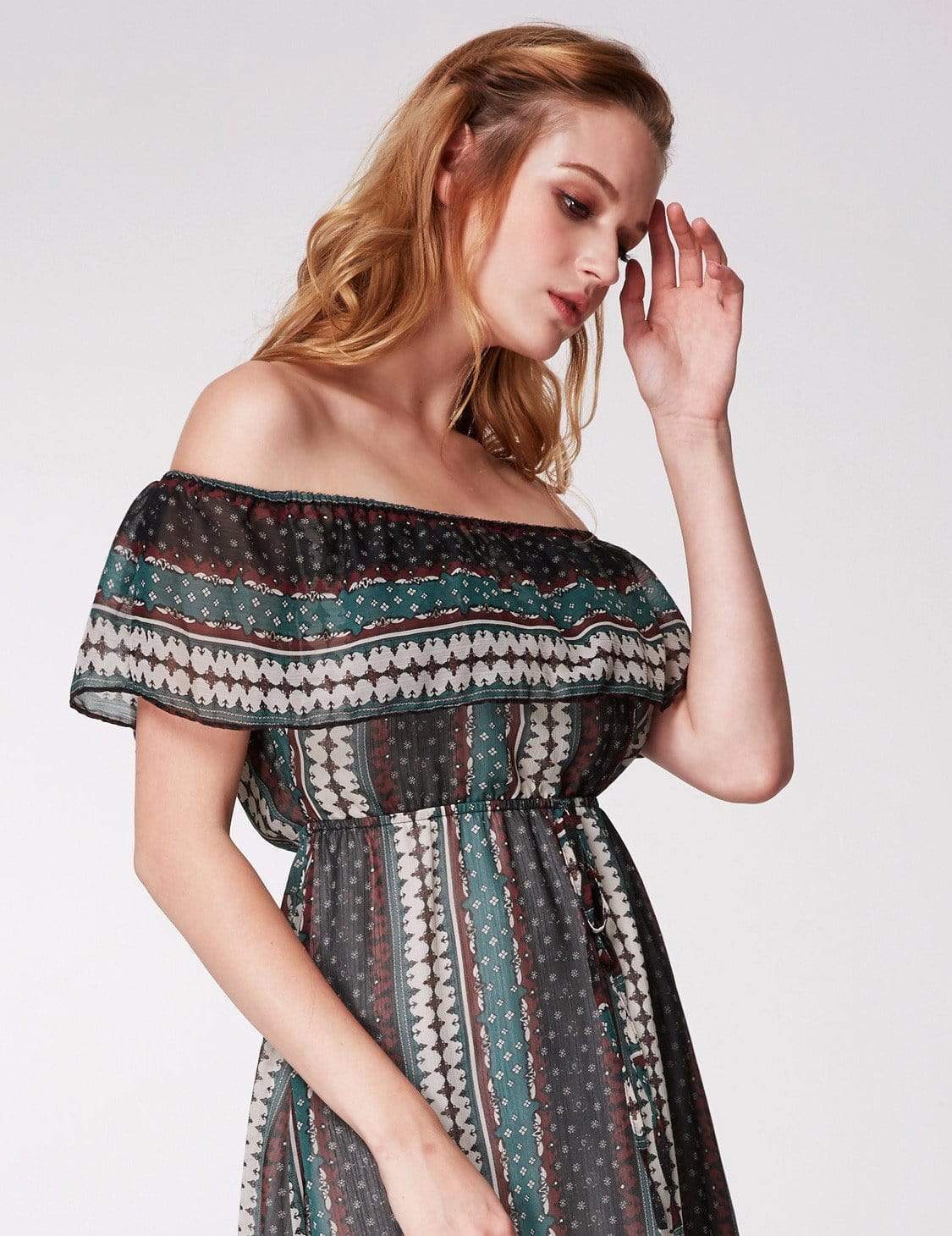 Color=Navy Blue | Alisa Pan Off Shoulder Printed Boho Dress-Navy Blue 5 Color=Navy Blue | Alisa Pan Off Shoulder Printed Boho Dress-Navy Blue 5