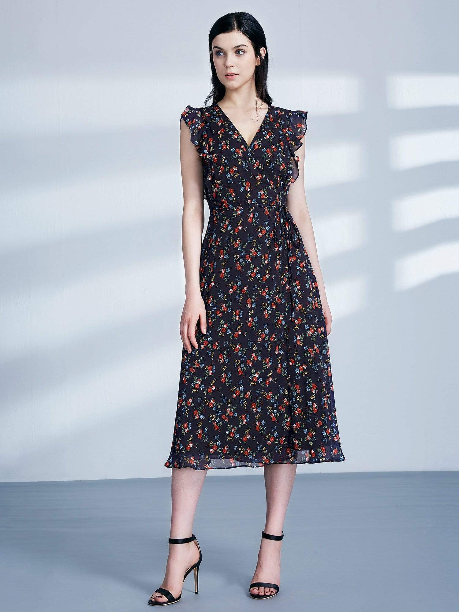 Color=Navy Blue | Retro Floral Print V Neck Midi Wrap Dress-Navy Blue 1 Color=Navy Blue | Retro Floral Print V Neck Midi Wrap Dress-Navy Blue 1