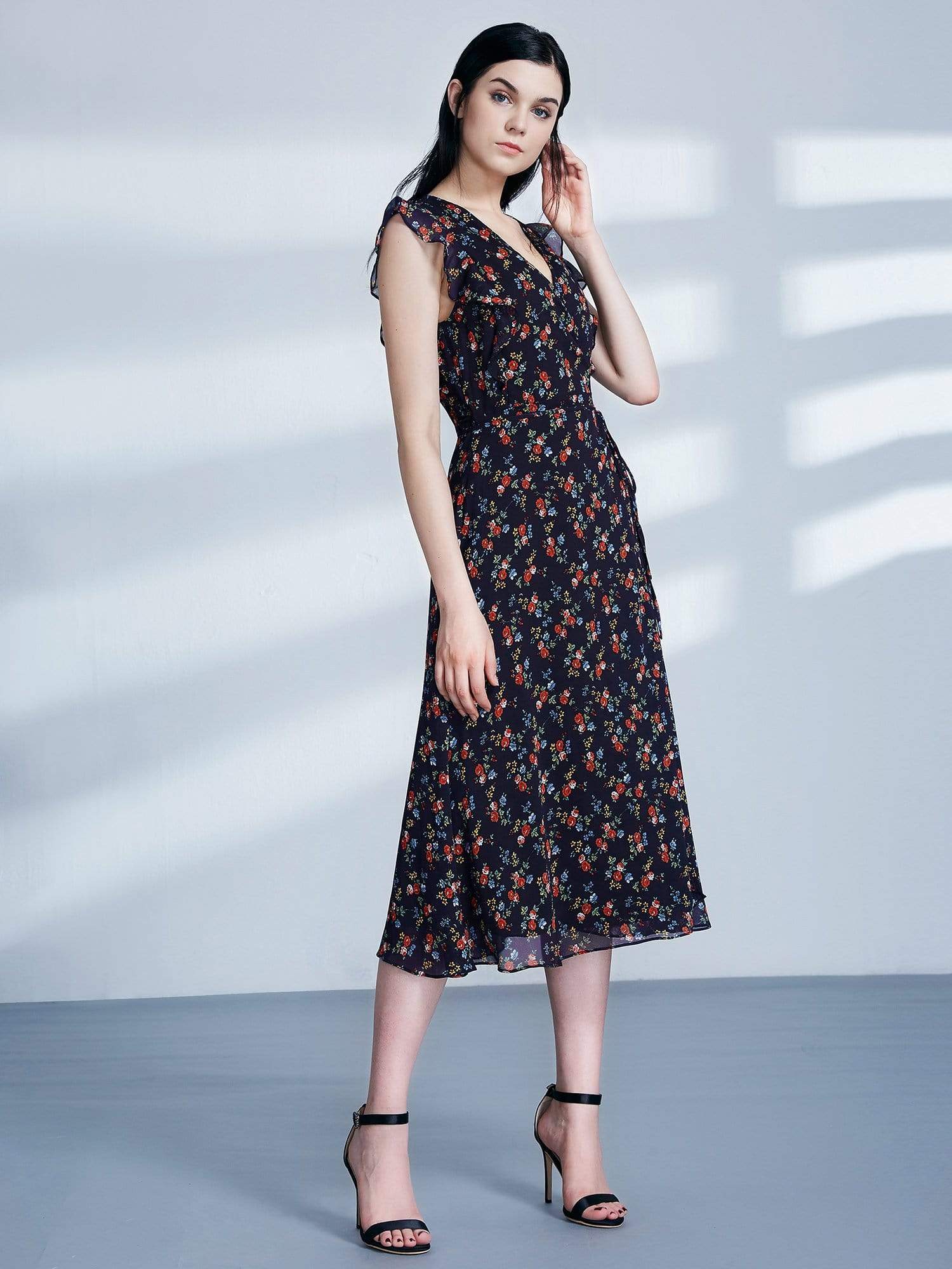 Color=Navy Blue | Retro Floral Print V Neck Midi Wrap Dress-Navy Blue 3 Color=Navy Blue | Retro Floral Print V Neck Midi Wrap Dress-Navy Blue 3
