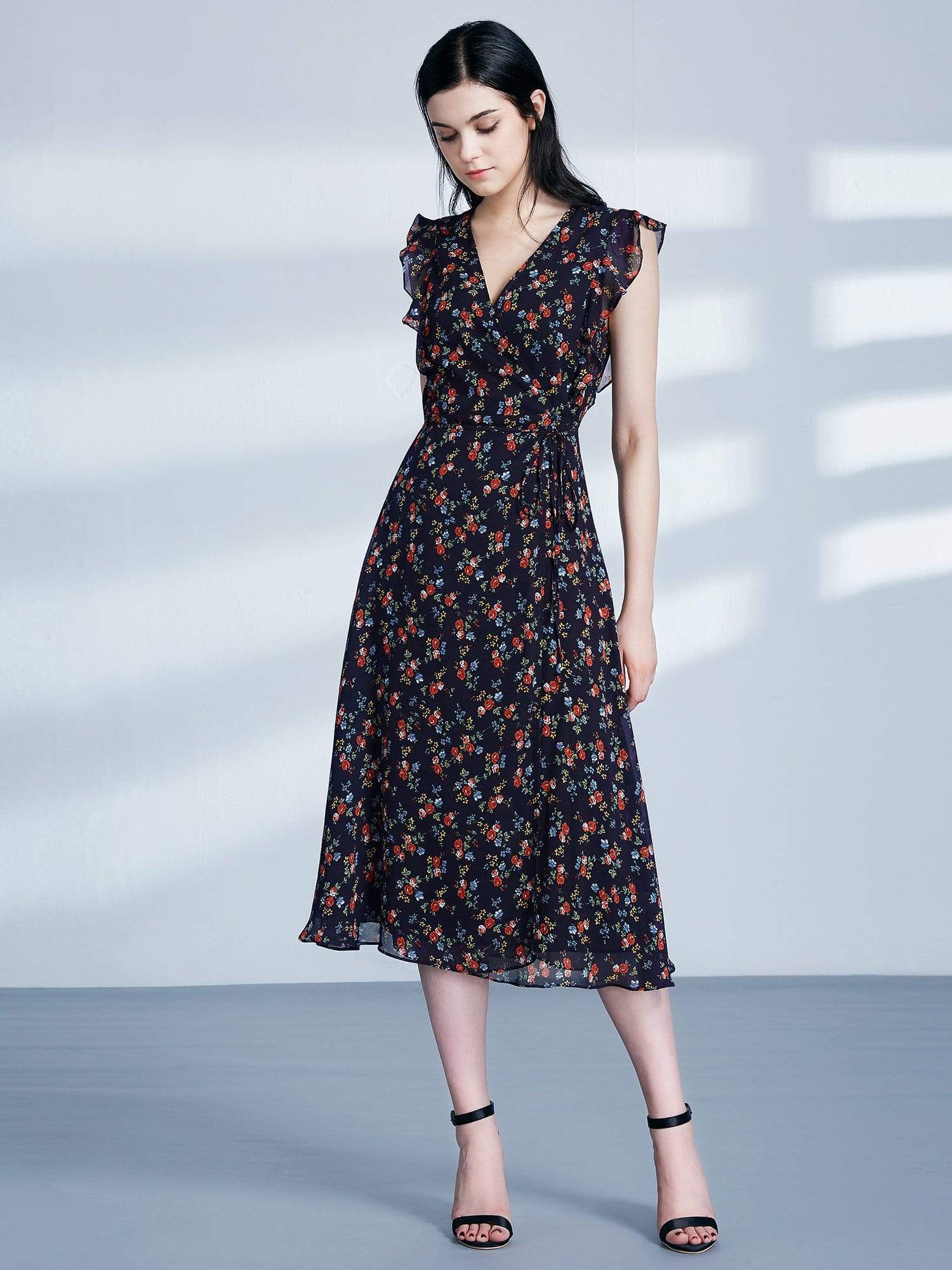 Color=Navy Blue | Retro Floral Print V Neck Midi Wrap Dress-Navy Blue 4 Color=Navy Blue | Retro Floral Print V Neck Midi Wrap Dress-Navy Blue 4
