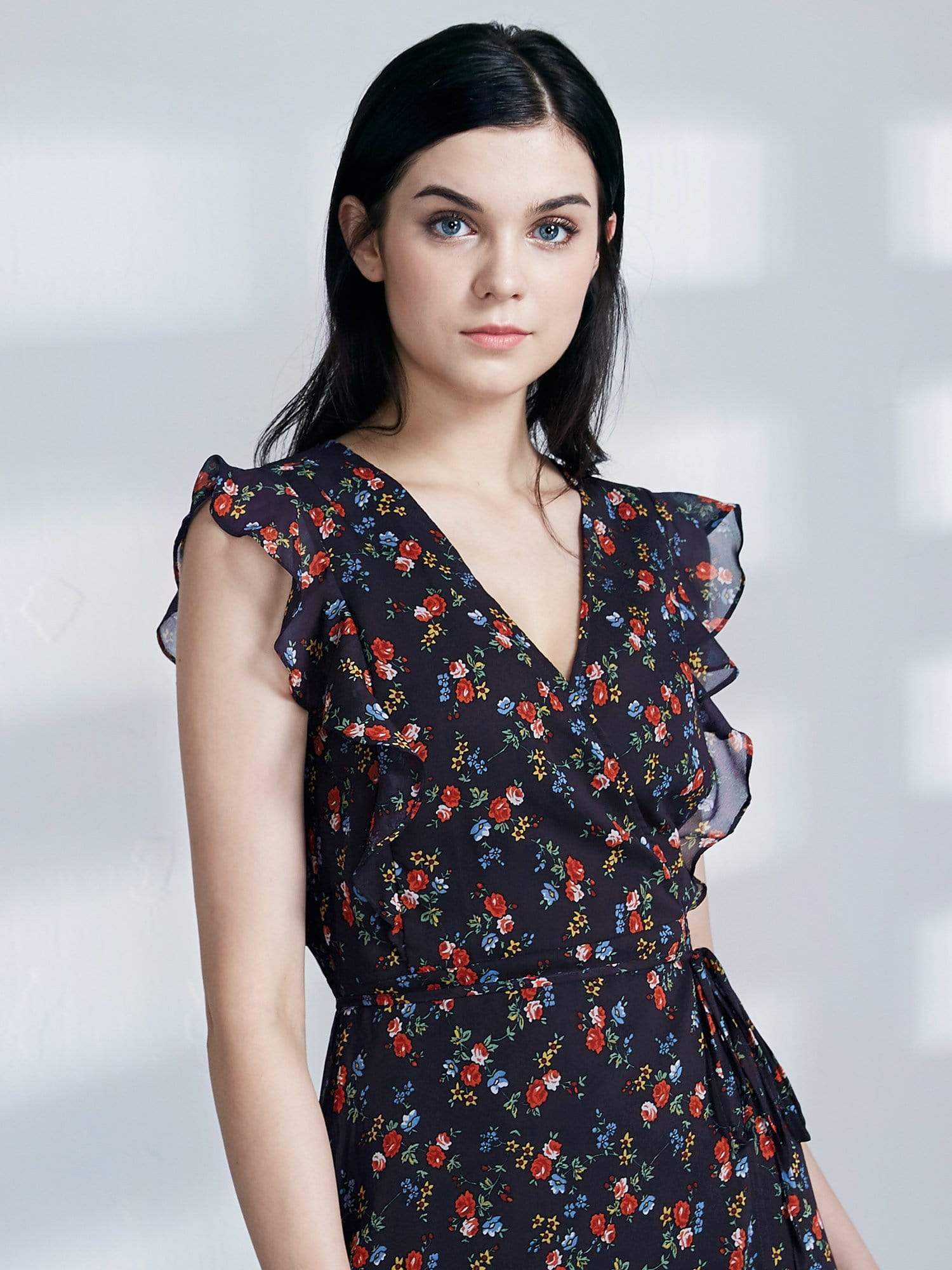 Color=Navy Blue | Retro Floral Print V Neck Midi Wrap Dress-Navy Blue 5 Color=Navy Blue | Retro Floral Print V Neck Midi Wrap Dress-Navy Blue 5