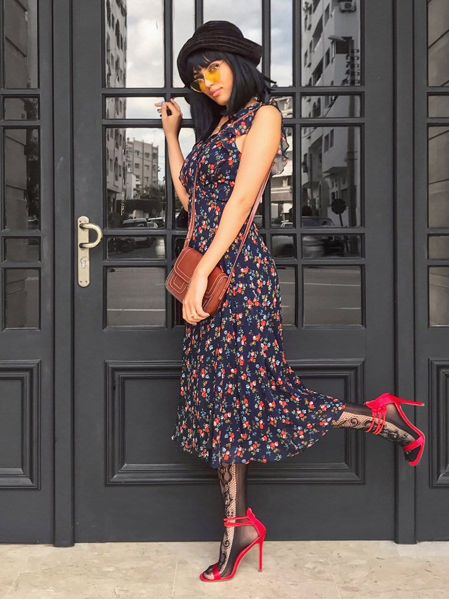 Color=Navy Blue | Retro Floral Print V Neck Midi Wrap Dress-Navy Blue 7 Color=Navy Blue | Retro Floral Print V Neck Midi Wrap Dress-Navy Blue 7