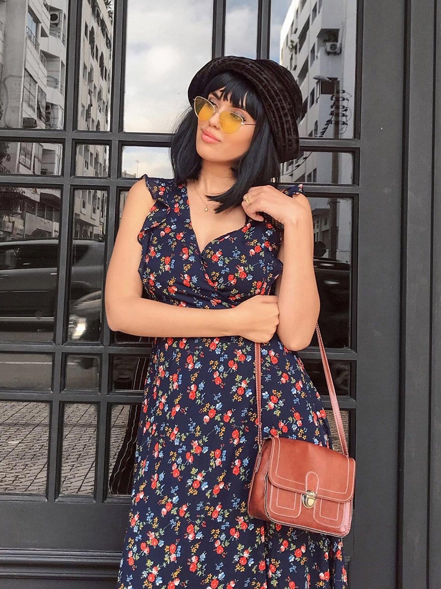 Color=Navy Blue | Retro Floral Print V Neck Midi Wrap Dress-Navy Blue 8 Color=Navy Blue | Retro Floral Print V Neck Midi Wrap Dress-Navy Blue 8