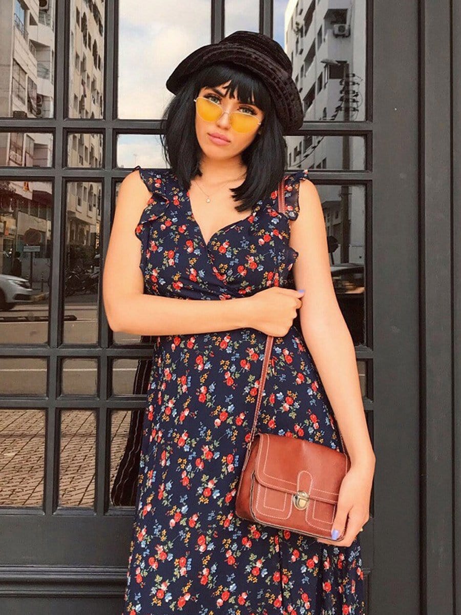 Color=Navy Blue | Retro Floral Print V Neck Midi Wrap Dress-Navy Blue 9 Color=Navy Blue | Retro Floral Print V Neck Midi Wrap Dress-Navy Blue 9