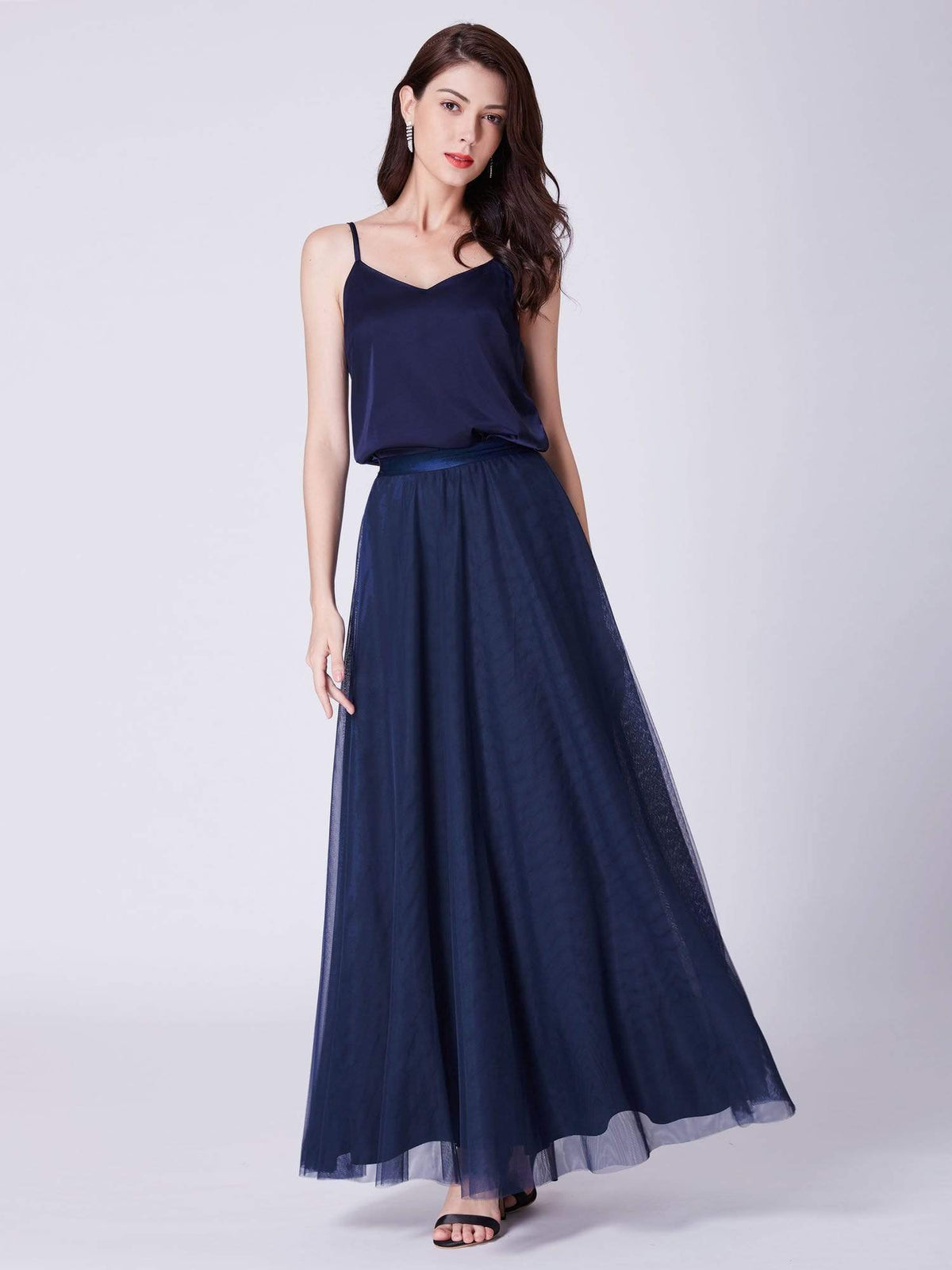 Color=Navy Blue | Alisa Pan Satin And Tulle Skirt & Top Set-Navy Blue 1