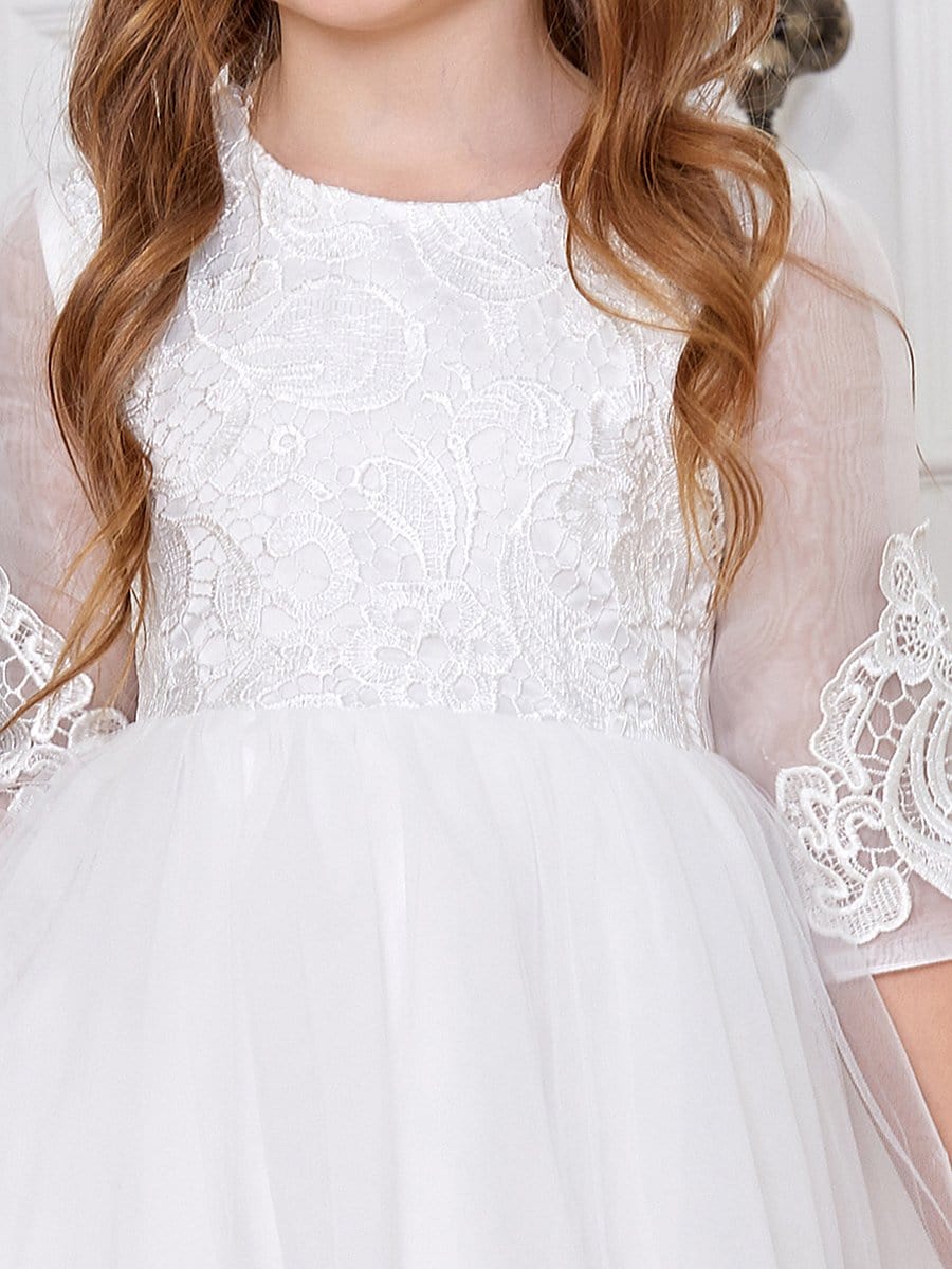 Color=White | High Waist Embroidered Bodice Short Flower Girl Dress-White 3 Color=White | High Waist Embroidered Bodice Short Flower Girl Dress-White 3