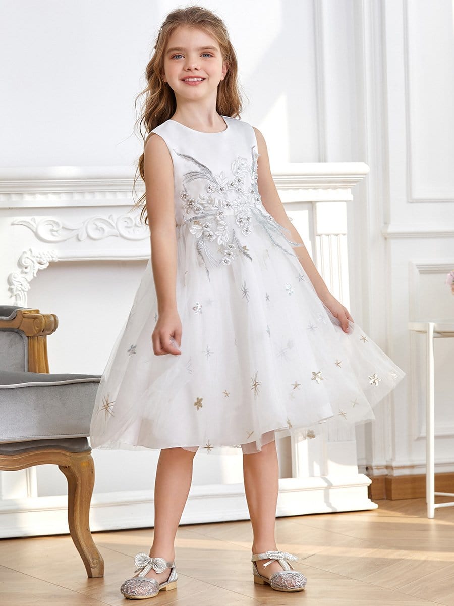 Color=White | High Waist Embroidered Bodice Sleeveless Flower Girl A-Line Dress-White 4 Color=White | High Waist Embroidered Bodice Sleeveless Flower Girl A-Line Dress-White 4