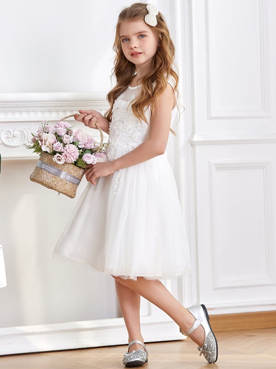 Color=White | Dainty Sleeveless Knee Length Tulle Flower Girl Dress-White 1 Color=White | Dainty Sleeveless Knee Length Tulle Flower Girl Dress-White 1