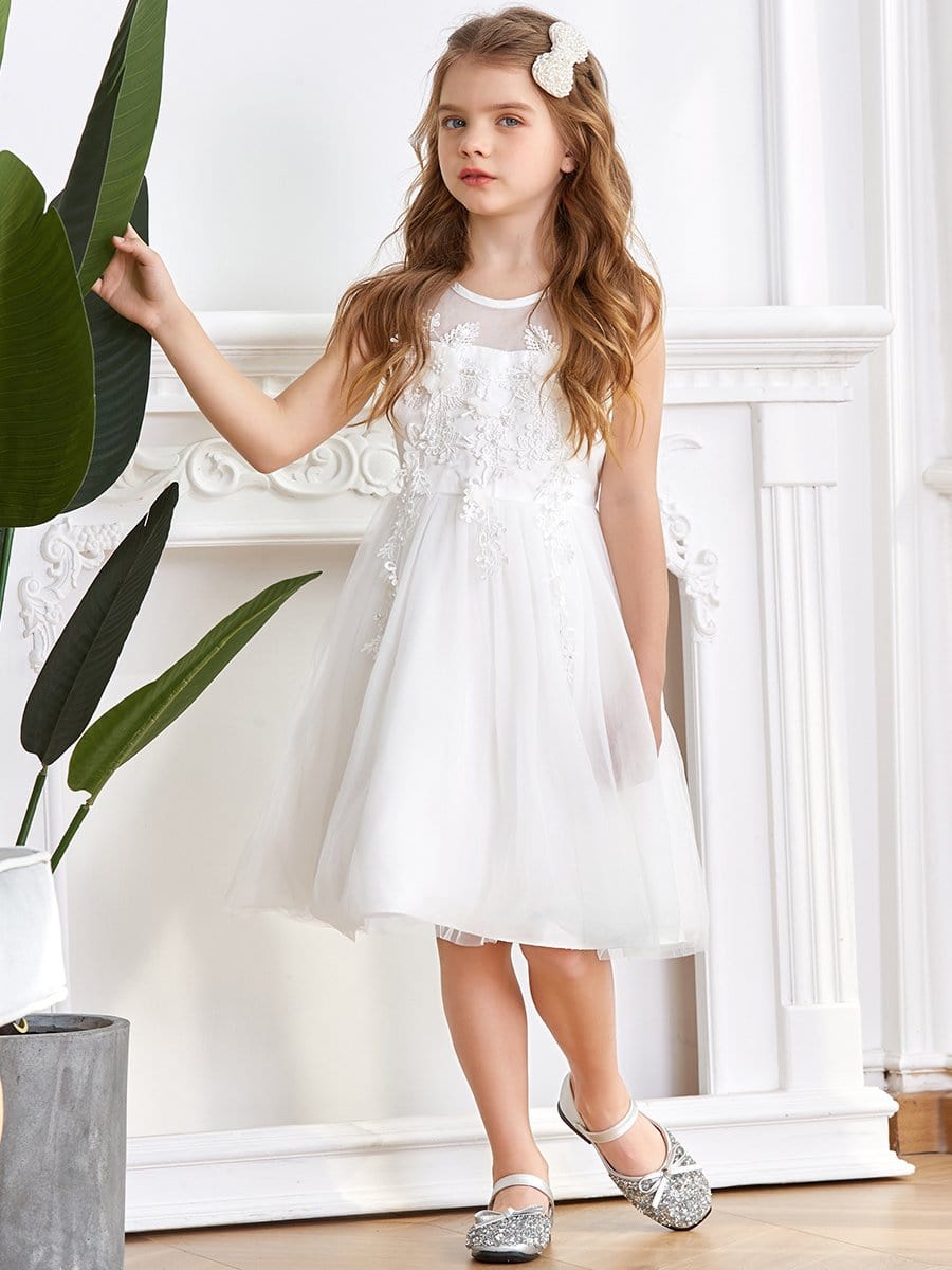 Color=White | Dainty Sleeveless Knee Length Tulle Flower Girl Dress-White 3 Color=White | Dainty Sleeveless Knee Length Tulle Flower Girl Dress-White 3