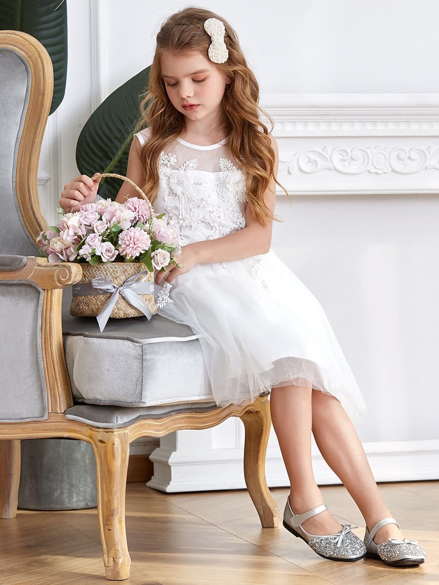 Color=White | Dainty Sleeveless Knee Length Tulle Flower Girl Dress-White 4 Color=White | Dainty Sleeveless Knee Length Tulle Flower Girl Dress-White 4