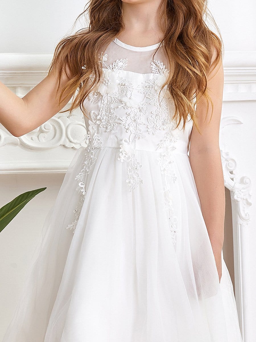 Color=White | Dainty Sleeveless Knee Length Tulle Flower Girl Dress-White 5 Color=White | Dainty Sleeveless Knee Length Tulle Flower Girl Dress-White 5