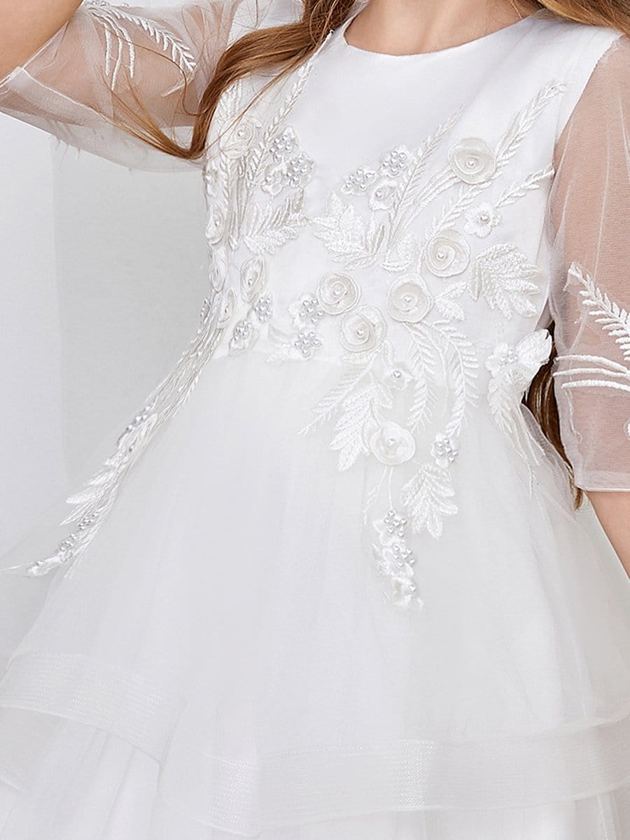 Color=White | Dainty Knee Length Layered Flower Girl Dress with Long Sleeves-White 5 Color=White | Dainty Knee Length Layered Flower Girl Dress with Long Sleeves-White 5