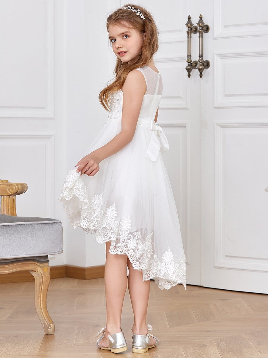 Color=White | Cute Sleeveless High Low O Neck Flower Girl Dress-White 2 Color=White | Cute Sleeveless High Low O Neck Flower Girl Dress-White 2