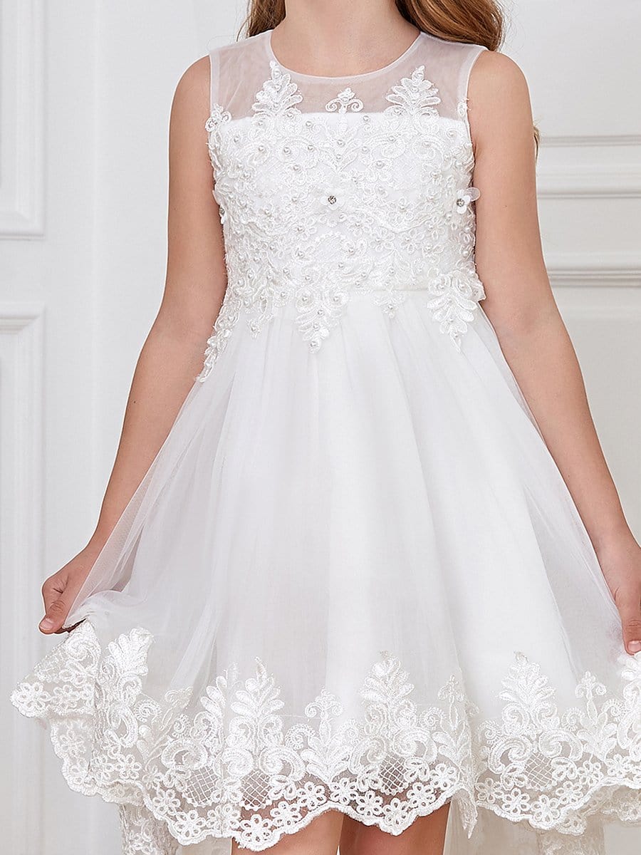 Color=White | Cute Sleeveless High Low O Neck Flower Girl Dress-White 5 Color=White | Cute Sleeveless High Low O Neck Flower Girl Dress-White 5