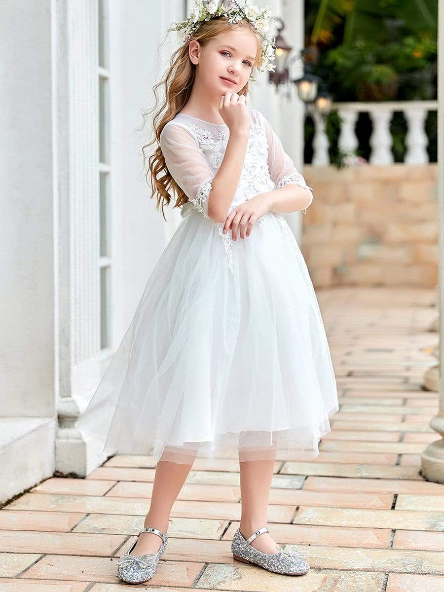 Color=White | Round Neck Applique Embroidered Midi Tulle Elbow Length Flower Girl Dress-White 3 Color=White | Round Neck Applique Embroidered Midi Tulle Elbow Length Flower Girl Dress-White 3