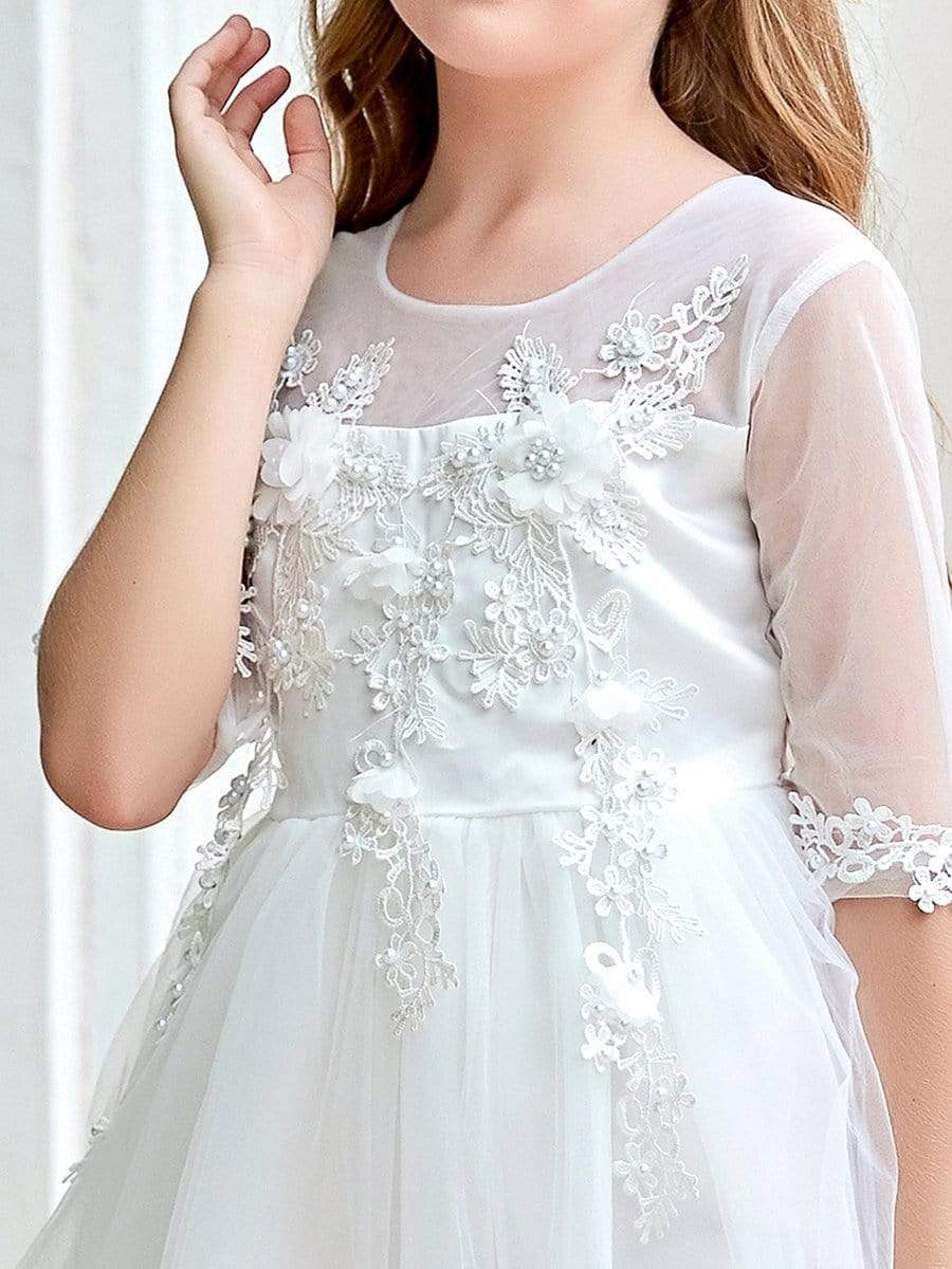 Color=White | Round Neck Applique Embroidered Midi Tulle Elbow Length Flower Girl Dress-White 4 Color=White | Round Neck Applique Embroidered Midi Tulle Elbow Length Flower Girl Dress-White 4