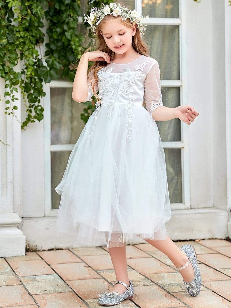 Color=White | Round Neck Applique Embroidered Midi Tulle Elbow Length Flower Girl Dress-White 1 Color=White | Round Neck Applique Embroidered Midi Tulle Elbow Length Flower Girl Dress-White 1