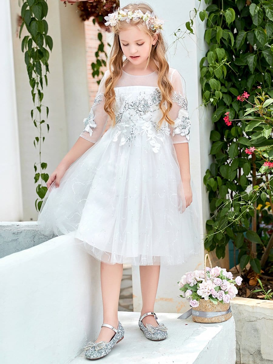 Color=White | Fabulous Paillette Round Neck 3/4 Sleeves Midi Tulle Flower Girl Dress-White 3 Color=White | Fabulous Paillette Round Neck 3/4 Sleeves Midi Tulle Flower Girl Dress-White 3