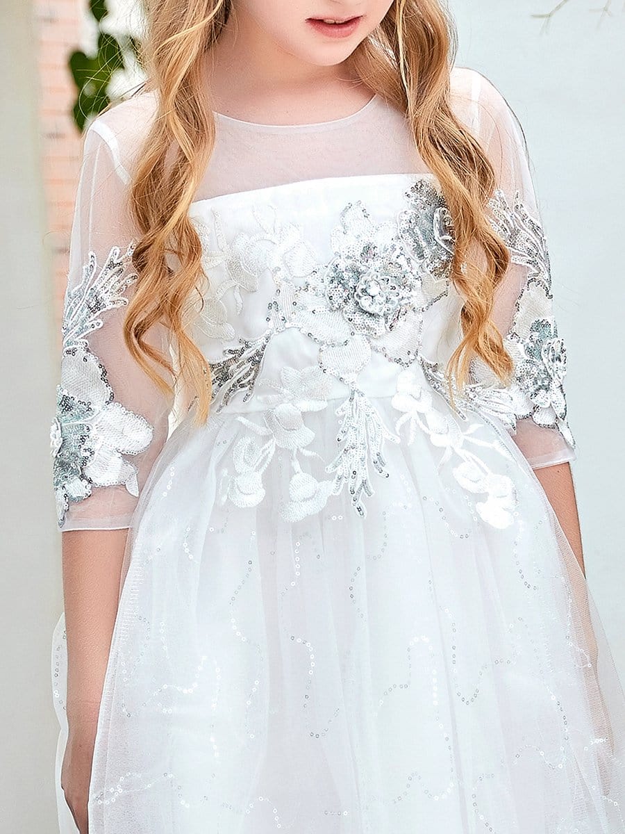 Color=White | Fabulous Paillette Round Neck 3/4 Sleeves Midi Tulle Flower Girl Dress-White 4 Color=White | Fabulous Paillette Round Neck 3/4 Sleeves Midi Tulle Flower Girl Dress-White 4