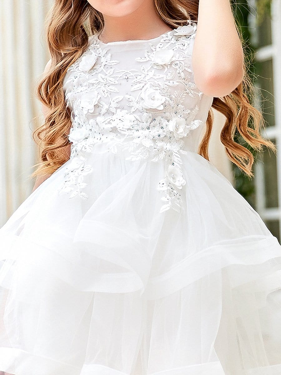 Color=White | Exquisite Floral Patches Round Neckmidrib Layered Short Flower Girl Dress-White 4 Color=White | Exquisite Floral Patches Round Neckmidrib Layered Short Flower Girl Dress-White 4