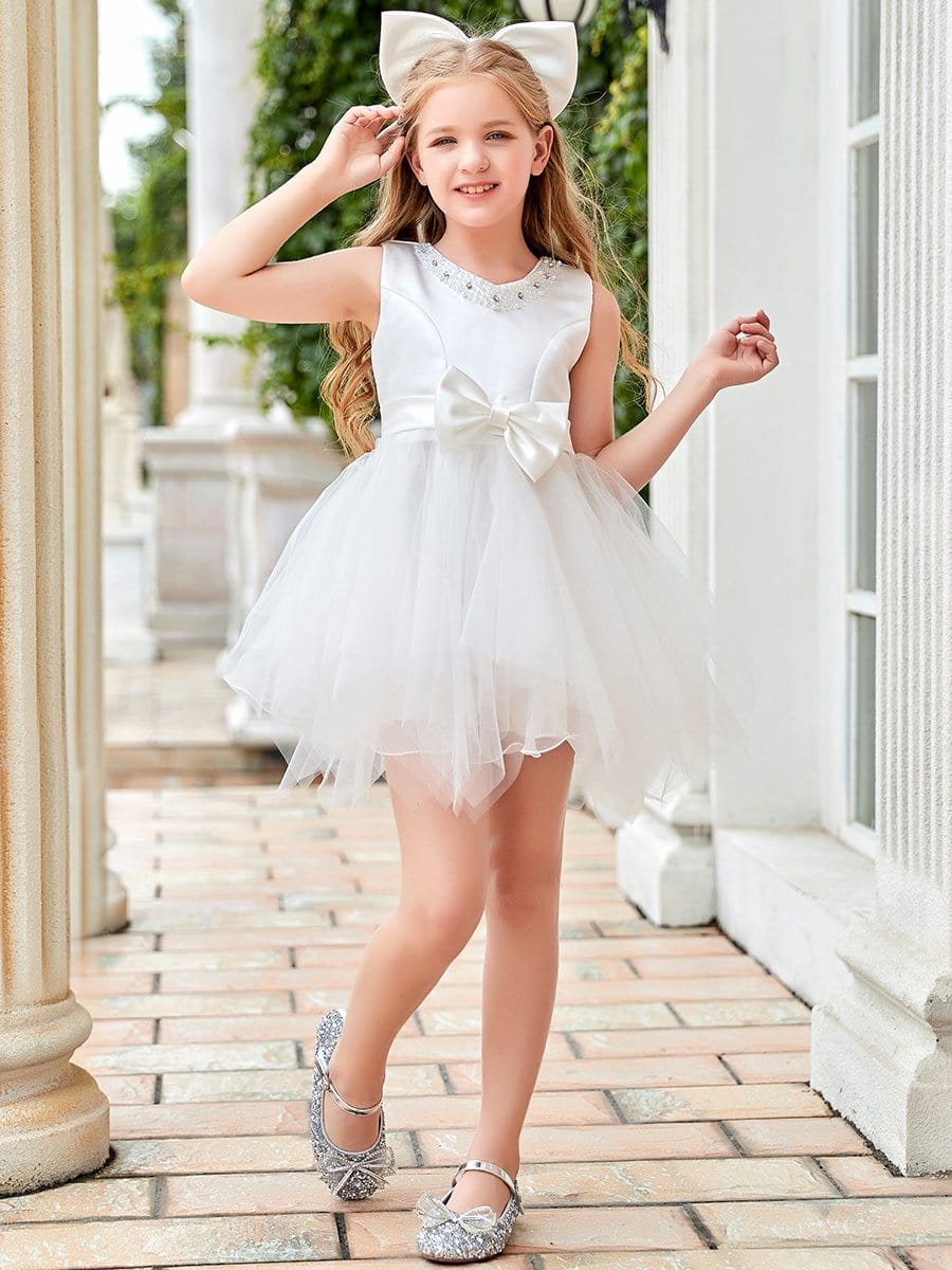 Color=White | Stylish Round Neck Sleeveless Sequin Midrib Asymmetric Hem Short Flower Girl Dress-White 1 Color=White | Stylish Round Neck Sleeveless Sequin Midrib Asymmetric Hem Short Flower Girl Dress-White 1