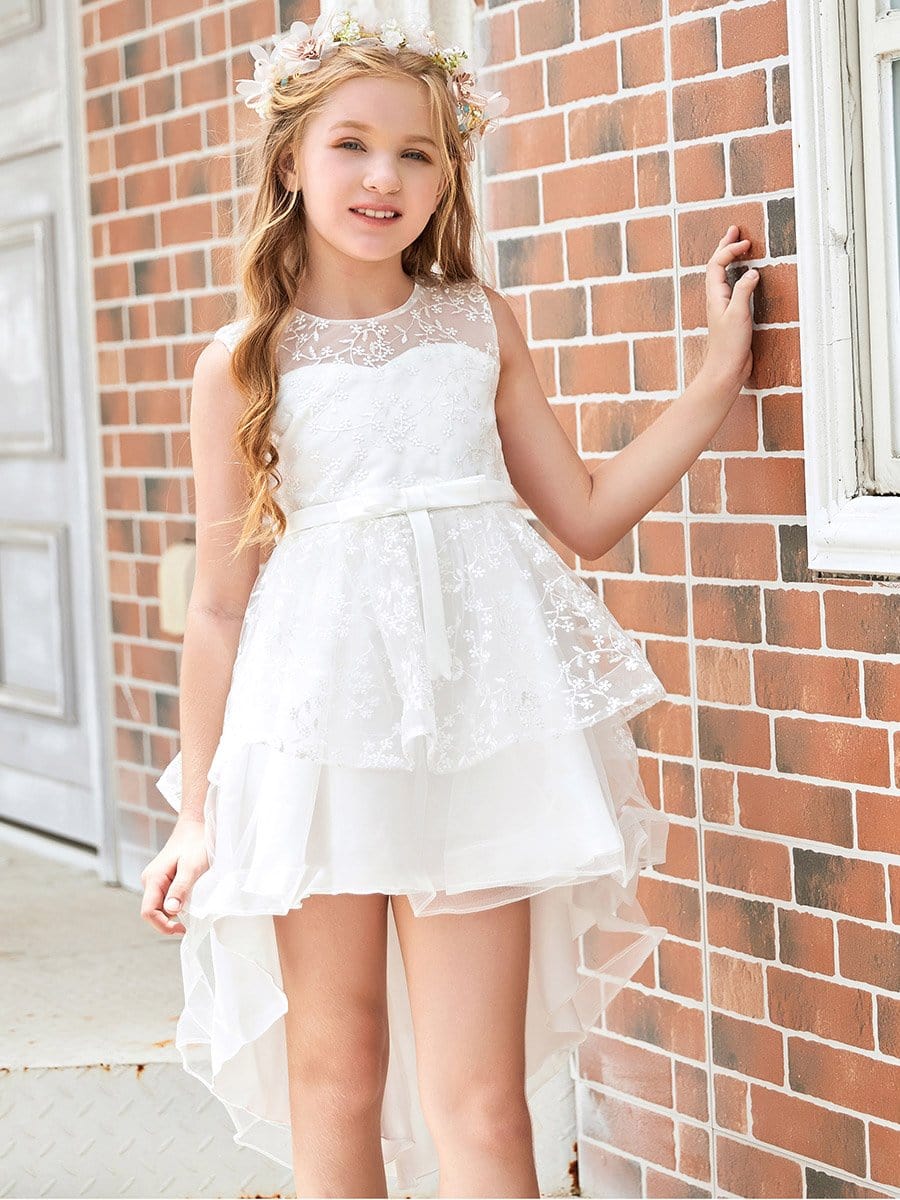Color=White | Exquisite Embroidered Round Neck Long Back Short Front Flower Girl Dress-White 3 Color=White | Exquisite Embroidered Round Neck Long Back Short Front Flower Girl Dress-White 3