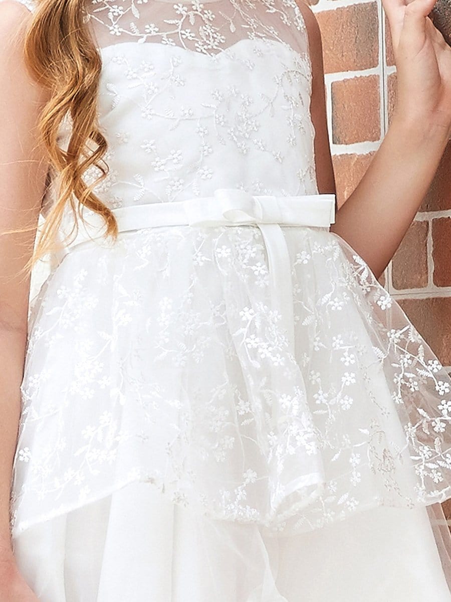 Color=White | Exquisite Embroidered Round Neck Long Back Short Front Flower Girl Dress-White 4 Color=White | Exquisite Embroidered Round Neck Long Back Short Front Flower Girl Dress-White 4