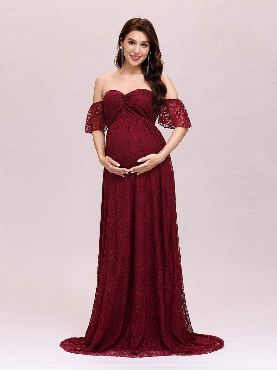 Color=Burgundy | Dainty Off Shoulder High Waist Lace Maxi Evening Maternity Dress-Burgundy 1 Color=Burgundy | Dainty Off Shoulder High Waist Lace Maxi Evening Maternity Dress-Burgundy 1