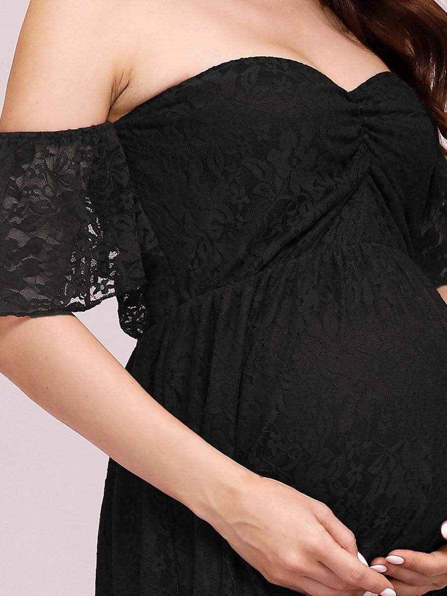 Color=Black | Dainty Off Shoulder High Waist Lace Maxi Evening Maternity Dress-Black 5 Color=Black | Dainty Off Shoulder High Waist Lace Maxi Evening Maternity Dress-Black 5