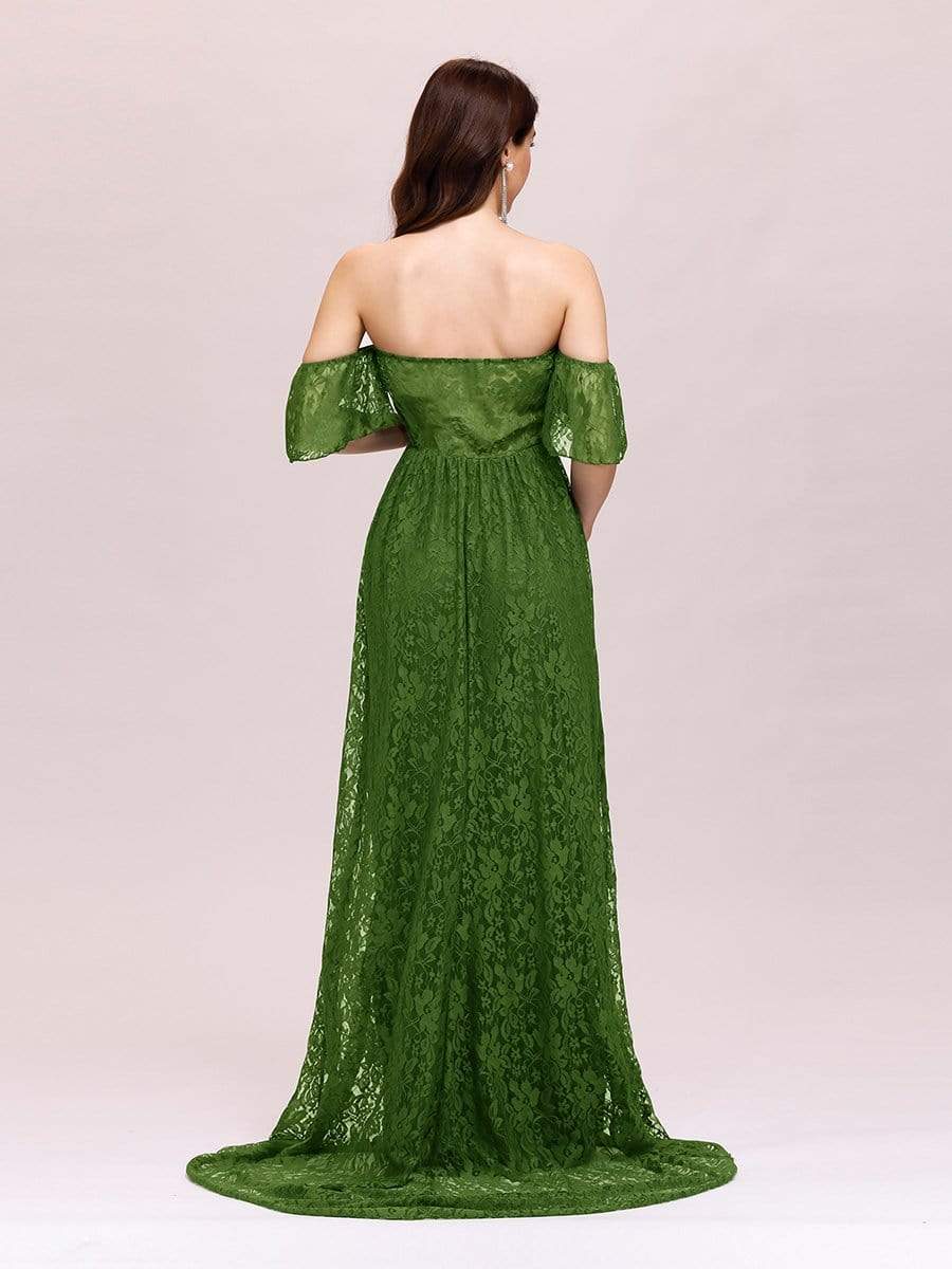 Color=Green | Dainty Off Shoulder High Waist Lace Maxi Evening Maternity Dress-Green 2 Color=Green | Dainty Off Shoulder High Waist Lace Maxi Evening Maternity Dress-Green 2