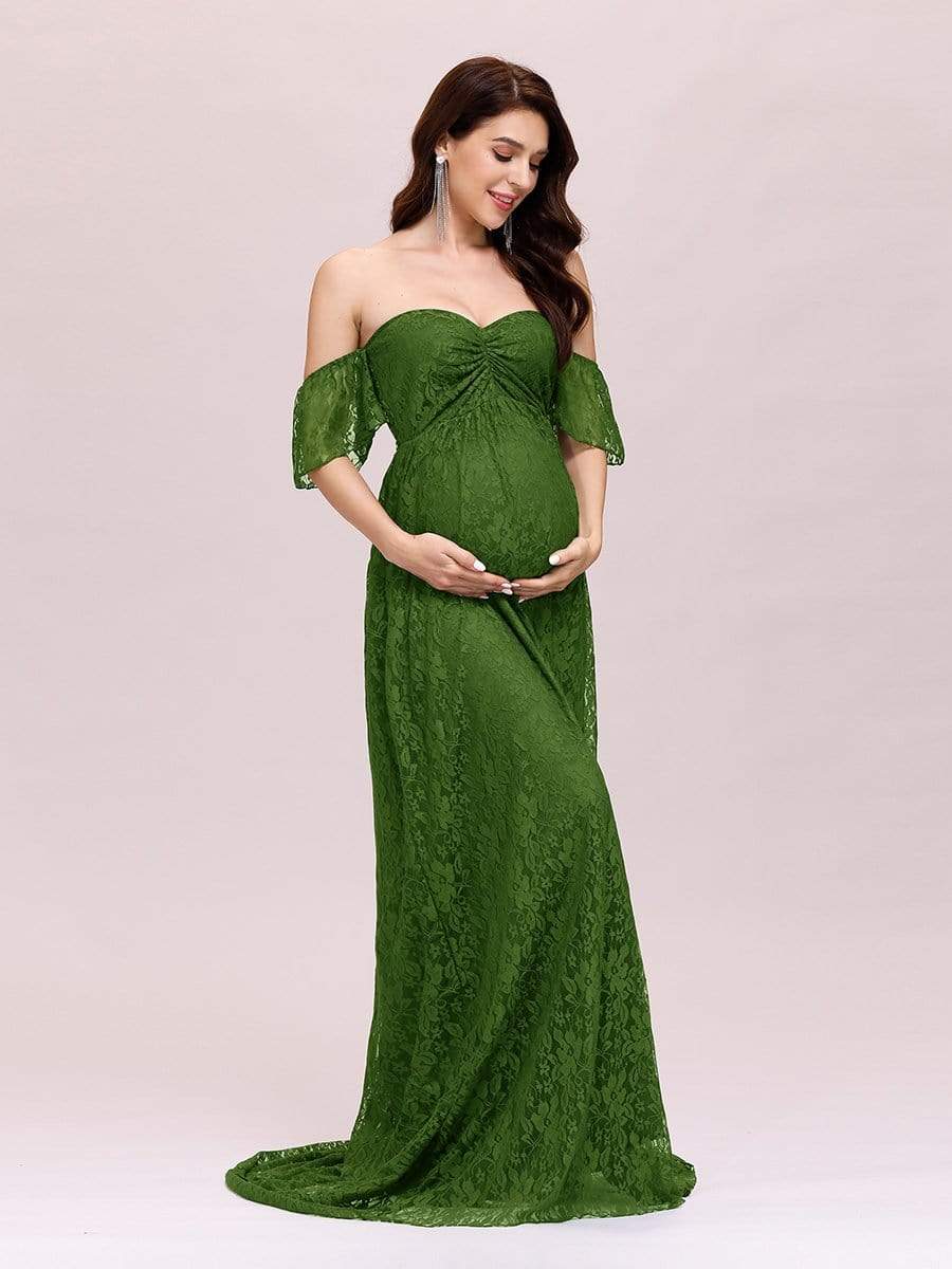 Color=Green | Dainty Off Shoulder High Waist Lace Maxi Evening Maternity Dress-Green 3 Color=Green | Dainty Off Shoulder High Waist Lace Maxi Evening Maternity Dress-Green 3