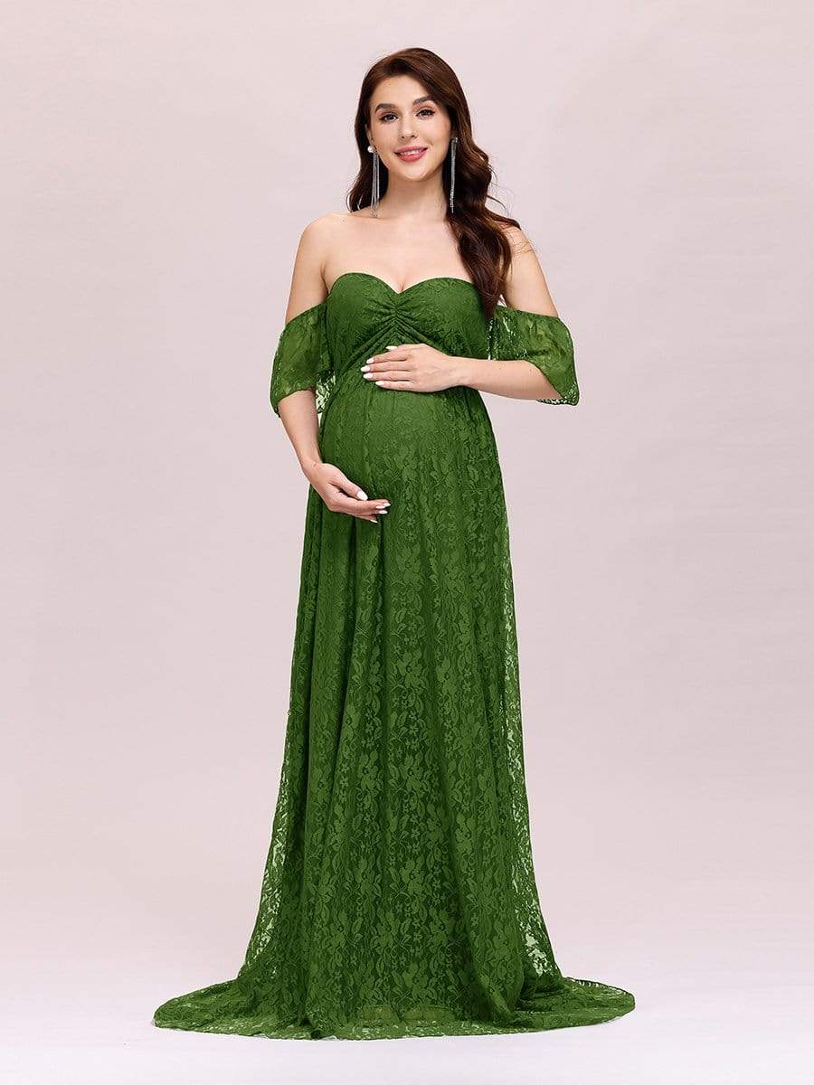 Color=Green | Dainty Off Shoulder High Waist Lace Maxi Evening Maternity Dress-Green 1 Color=Green | Dainty Off Shoulder High Waist Lace Maxi Evening Maternity Dress-Green 1