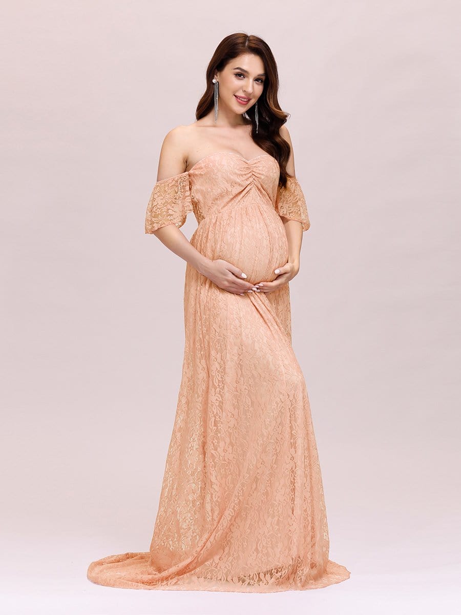 Color=Mushroom | Dainty Off Shoulder High Waist Lace Maxi Evening Maternity Dress-Mushroom 1 Color=Mushroom | Dainty Off Shoulder High Waist Lace Maxi Evening Maternity Dress-Mushroom 1
