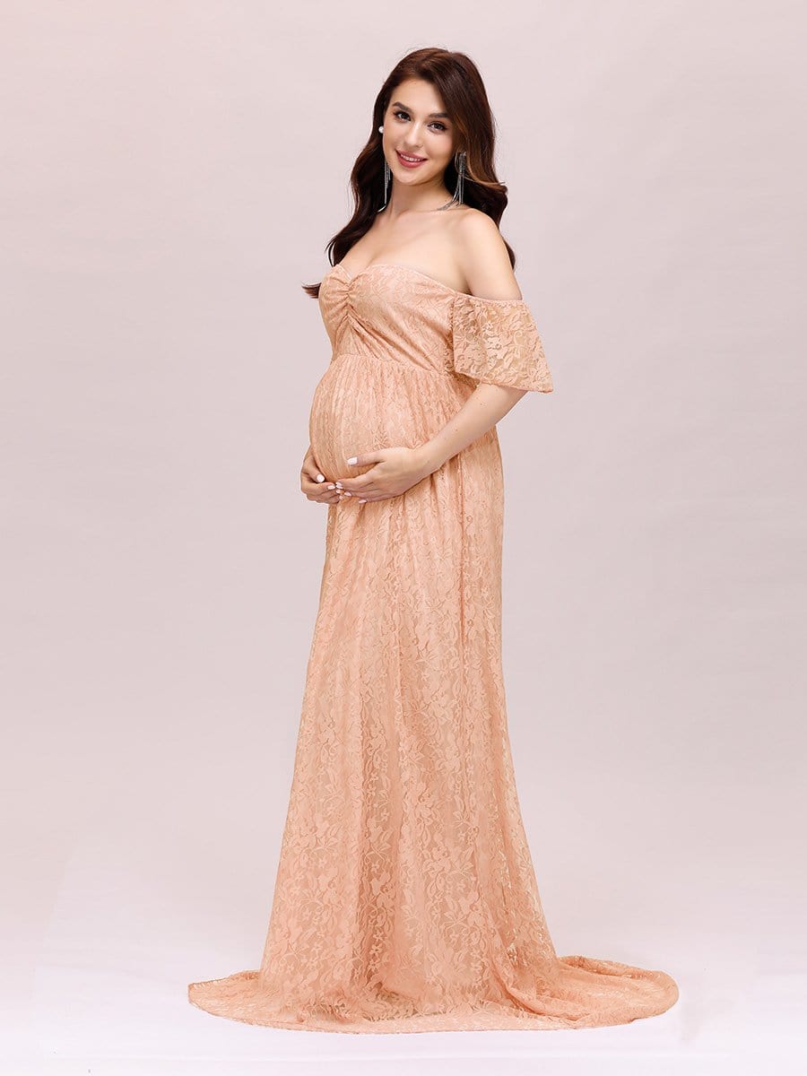 Color=Mushroom | Dainty Off Shoulder High Waist Lace Maxi Evening Maternity Dress-Mushroom 4 Color=Mushroom | Dainty Off Shoulder High Waist Lace Maxi Evening Maternity Dress-Mushroom 4
