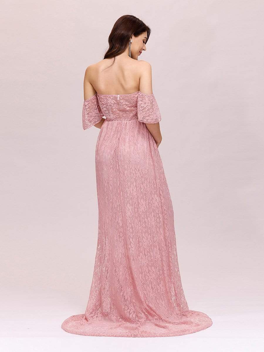Color=Pink | Dainty Off Shoulder High Waist Lace Maxi Evening Maternity Dress-Pink 2 Color=Pink | Dainty Off Shoulder High Waist Lace Maxi Evening Maternity Dress-Pink 2