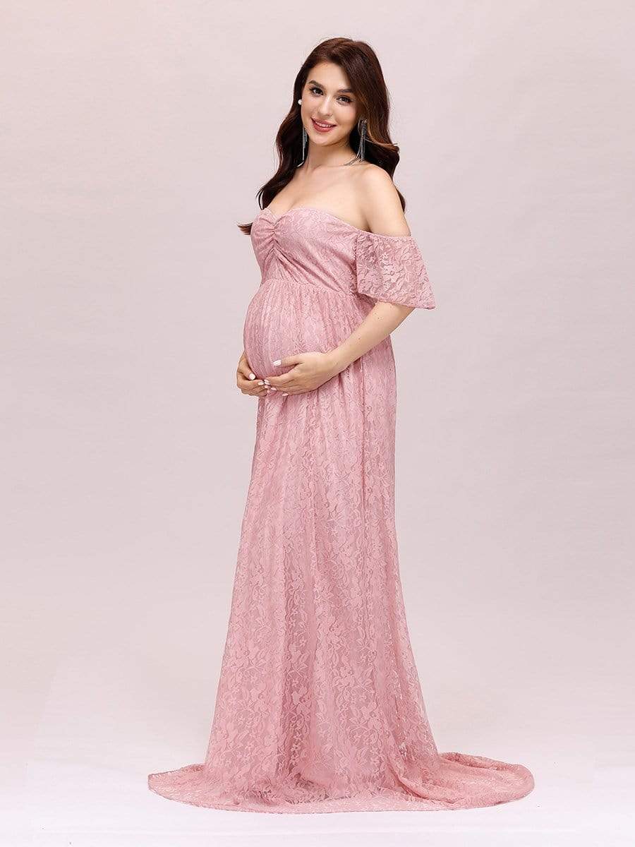 Color=Pink | Dainty Off Shoulder High Waist Lace Maxi Evening Maternity Dress-Pink 4 Color=Pink | Dainty Off Shoulder High Waist Lace Maxi Evening Maternity Dress-Pink 4