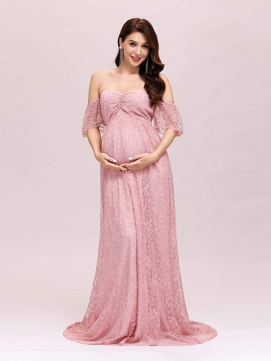 Color=Pink | Dainty Off Shoulder High Waist Lace Maxi Evening Maternity Dress-Pink 1 Color=Pink | Dainty Off Shoulder High Waist Lace Maxi Evening Maternity Dress-Pink 1