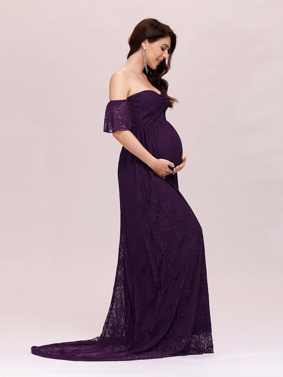 Color=Purple | Dainty Off Shoulder High Waist Lace Maxi Evening Maternity Dress-Purple 3 Color=Purple | Dainty Off Shoulder High Waist Lace Maxi Evening Maternity Dress-Purple 3