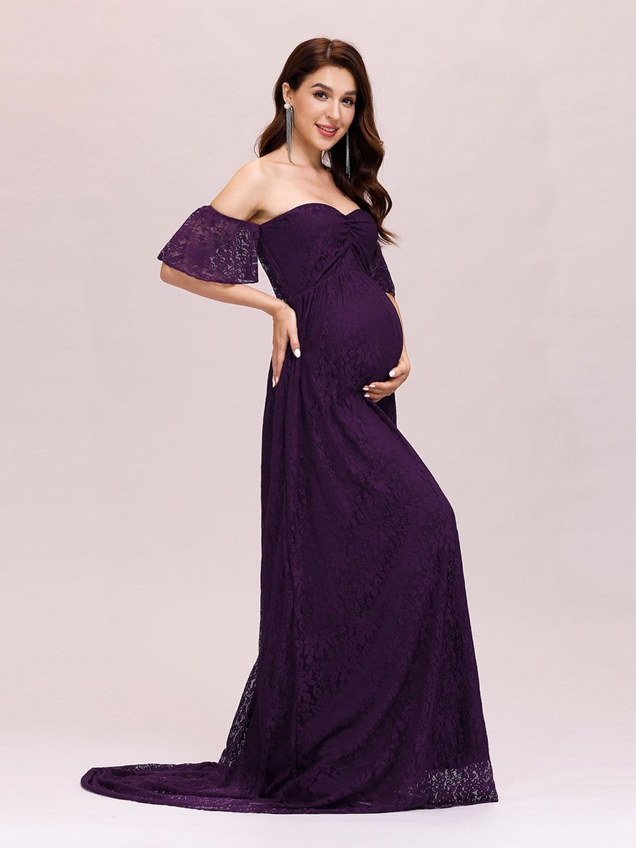 Color=Purple | Dainty Off Shoulder High Waist Lace Maxi Evening Maternity Dress-Purple 4 Color=Purple | Dainty Off Shoulder High Waist Lace Maxi Evening Maternity Dress-Purple 4