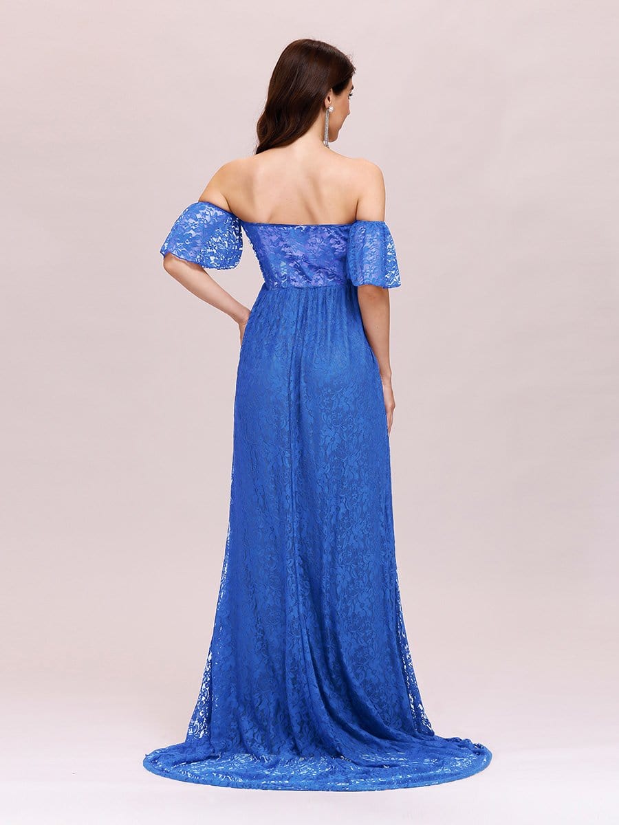 Color=Sapphire Blue | Dainty Off Shoulder High Waist Lace Maxi Evening Maternity Dress-Sapphire Blue 2 Color=Sapphire Blue | Dainty Off Shoulder High Waist Lace Maxi Evening Maternity Dress-Sapphire Blue 2