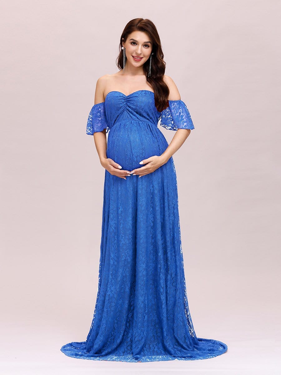 Color=Sapphire Blue | Dainty Off Shoulder High Waist Lace Maxi Evening Maternity Dress-Sapphire Blue 1 Color=Sapphire Blue | Dainty Off Shoulder High Waist Lace Maxi Evening Maternity Dress-Sapphire Blue 1